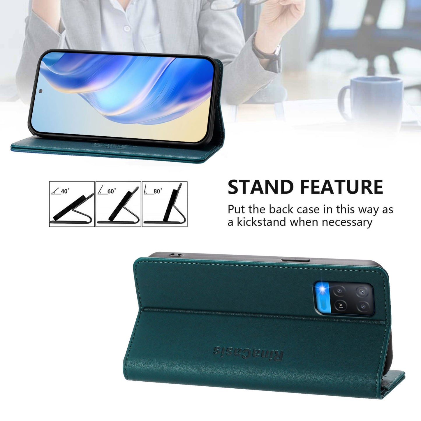 OPPO A55 5G Dual-Folded Magnetic Suction RFID Blocking PU Leather Wallet Phone Case with Card Slots, Cash Pocket, Kickstand, Full Protective Flip Cover