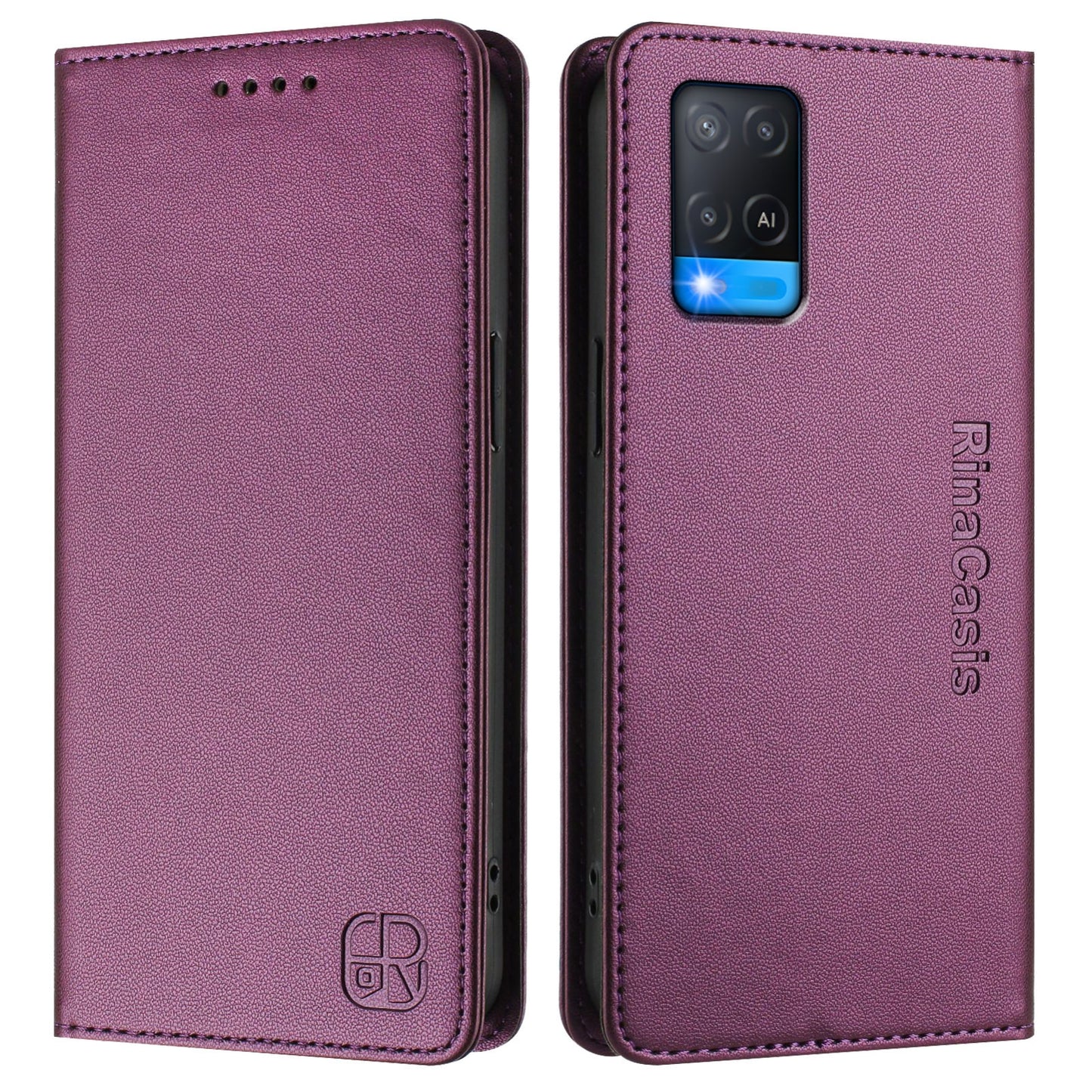 OPPO A55 5G Dual-Folded Magnetic Suction RFID Blocking PU Leather Wallet Phone Case with Card Slots, Cash Pocket, Kickstand, Full Protective Flip Cover