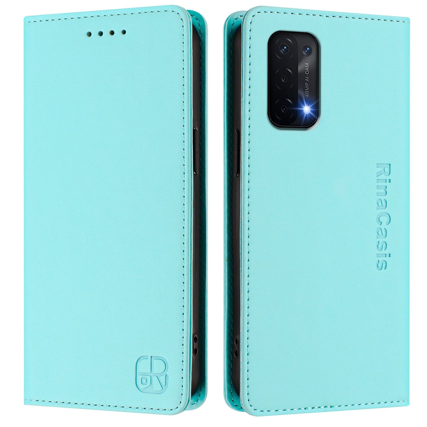 OPPO A54 5G Dual-Folded Magnetic Suction RFID Blocking PU Leather Wallet Phone Case with Card Slots, Cash Pocket, Kickstand, Full Protective Flip Cover