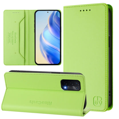 OPPO A54 5G Dual-Folded Magnetic Suction RFID Blocking PU Leather Wallet Phone Case with Card Slots, Cash Pocket, Kickstand, Full Protective Flip Cover