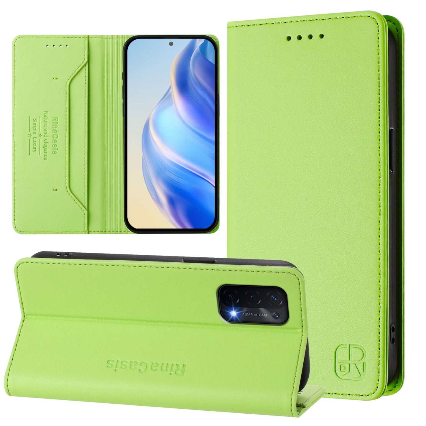 OPPO A74 5G Dual-Folded Magnetic Suction RFID Blocking PU Leather Wallet Phone Case with Card Slots, Cash Pocket, Kickstand, Full Protective Flip Cover