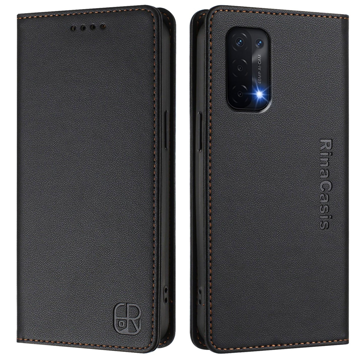 OPPO A54 5G Dual-Folded Magnetic Suction RFID Blocking PU Leather Wallet Phone Case with Card Slots, Cash Pocket, Kickstand, Full Protective Flip Cover