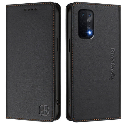 OPPO A74 5G Dual-Folded Magnetic Suction RFID Blocking PU Leather Wallet Phone Case with Card Slots, Cash Pocket, Kickstand, Full Protective Flip Cover
