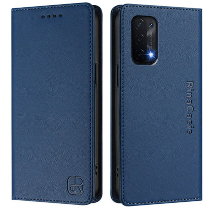 OPPO A74 5G Dual-Folded Magnetic Suction RFID Blocking PU Leather Wallet Phone Case with Card Slots, Cash Pocket, Kickstand, Full Protective Flip Cover
