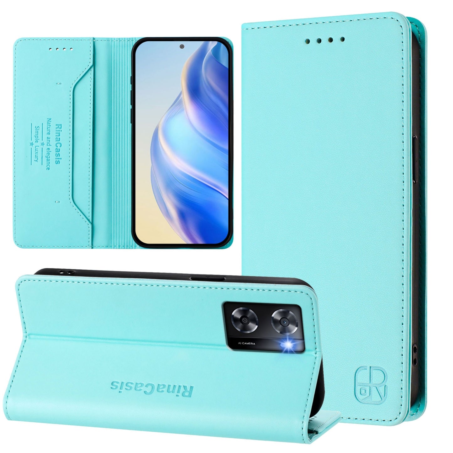OPPO A57 4G Dual-Folded Magnetic Suction RFID Blocking PU Leather Wallet Phone Case with Card Slots, Cash Pocket, Kickstand, Full Protective Flip Cover