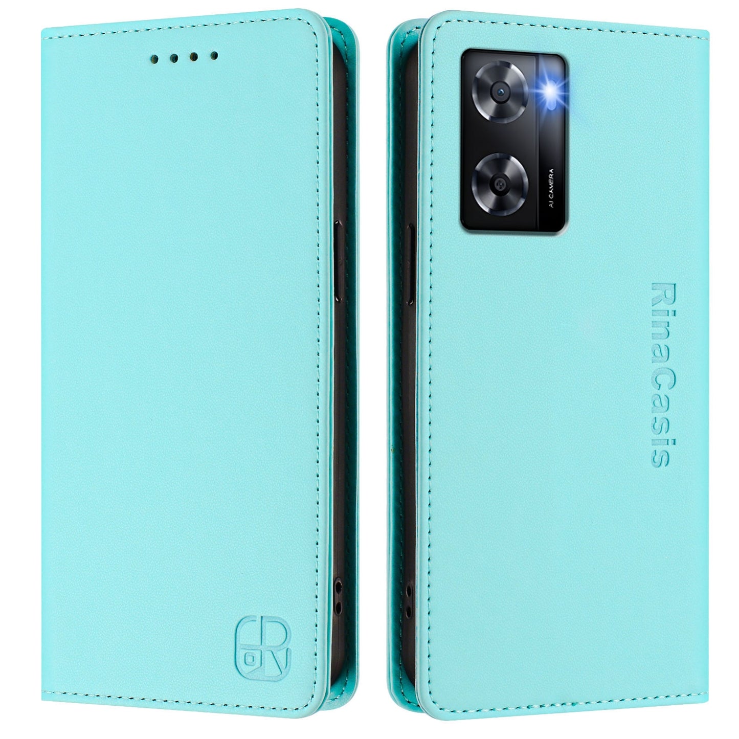 OPPO A57 4G Dual-Folded Magnetic Suction RFID Blocking PU Leather Wallet Phone Case with Card Slots, Cash Pocket, Kickstand, Full Protective Flip Cover