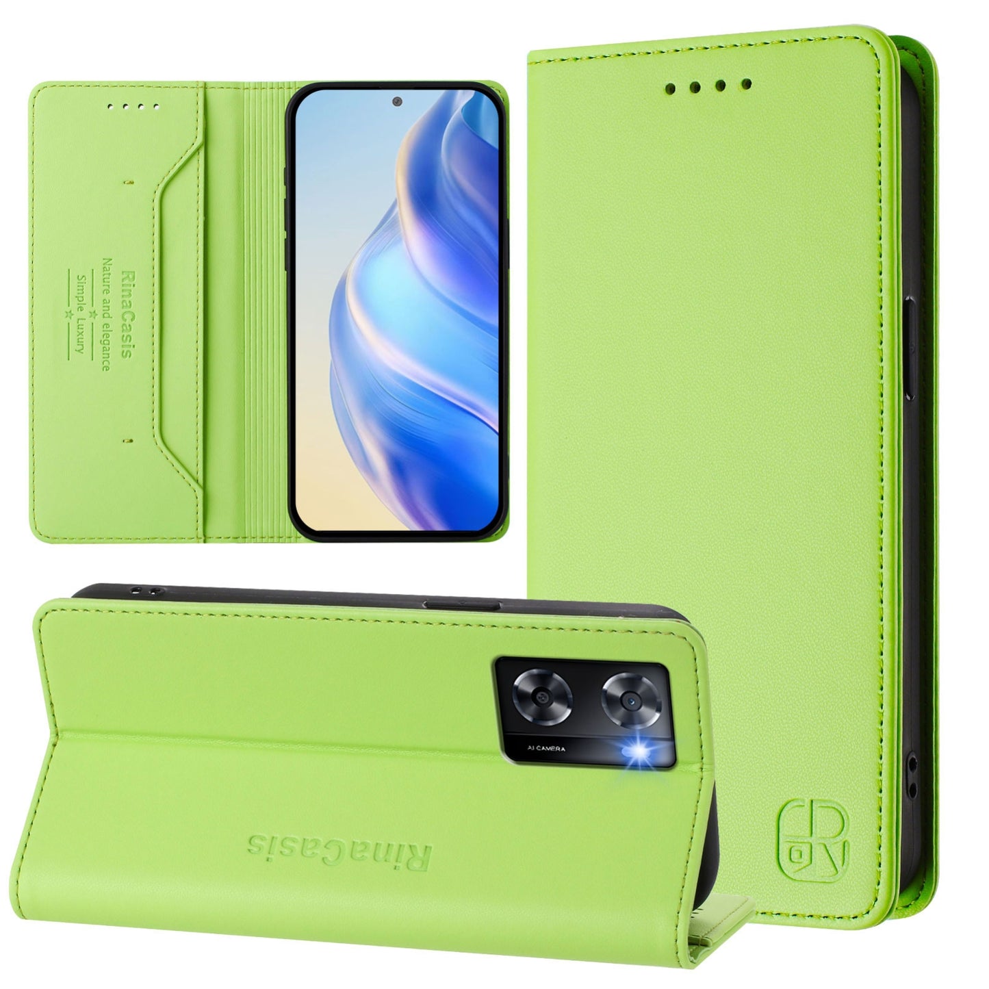 OPPO A57 4G Dual-Folded Magnetic Suction RFID Blocking PU Leather Wallet Phone Case with Card Slots, Cash Pocket, Kickstand, Full Protective Flip Cover