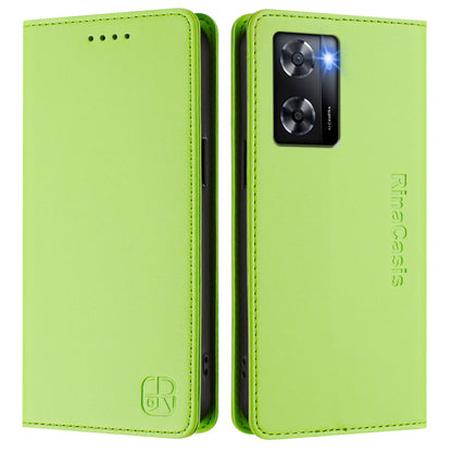 OPPO A77 4G Dual-Folded Magnetic Suction RFID Blocking PU Leather Wallet Phone Case with Card Slots, Cash Pocket, Kickstand, Full Protective Flip Cover