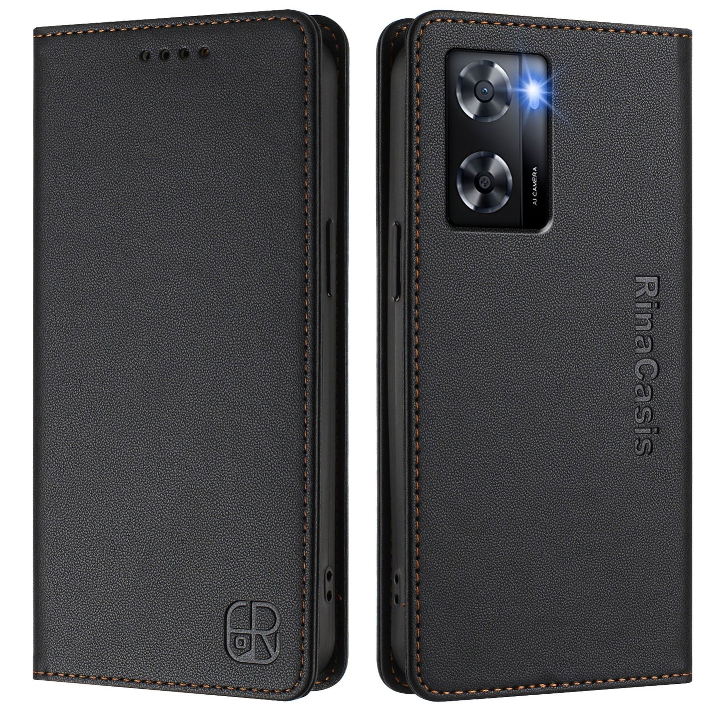 OPPO A77 4G Dual-Folded Magnetic Suction RFID Blocking PU Leather Wallet Phone Case with Card Slots, Cash Pocket, Kickstand, Full Protective Flip Cover