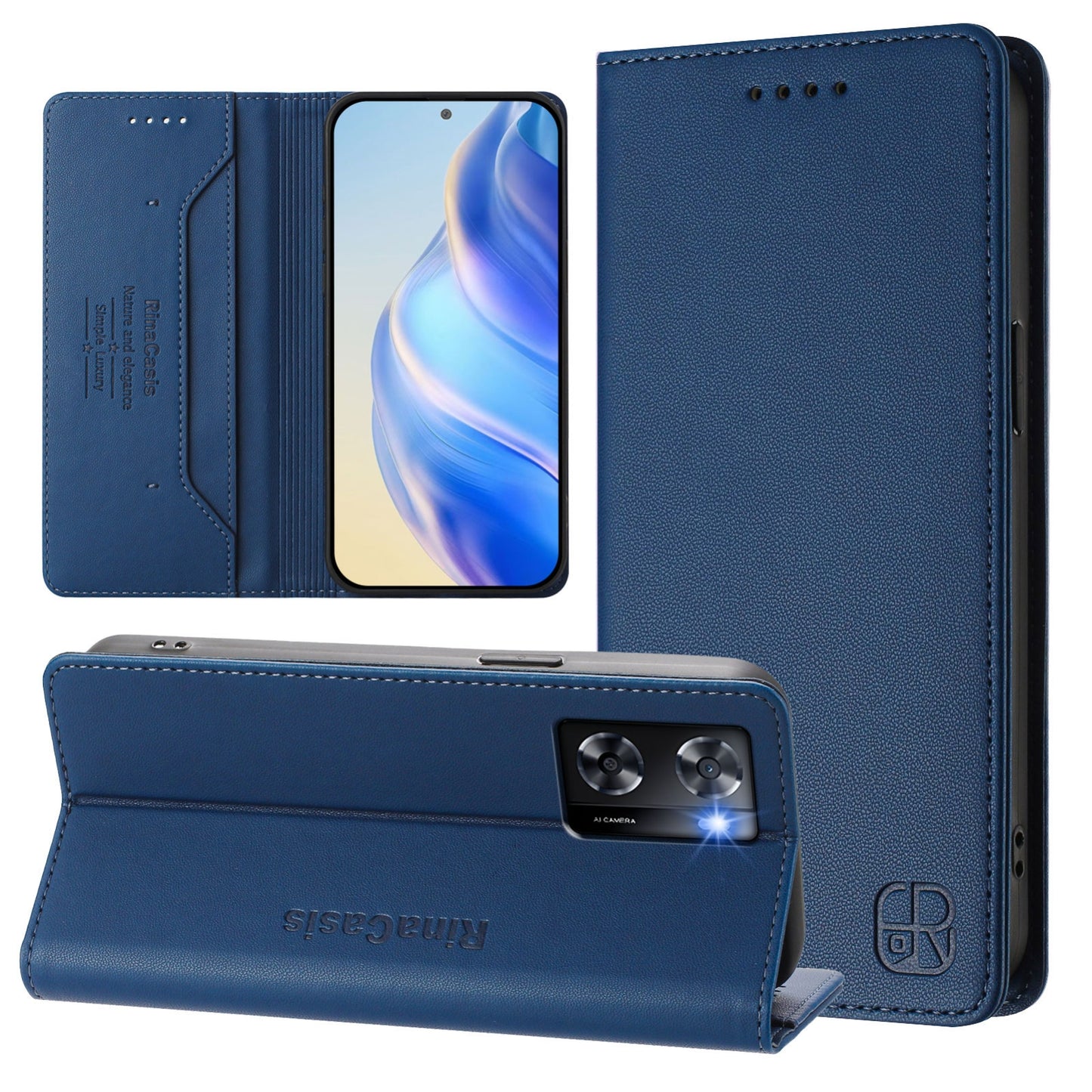 OPPO A57 4G Dual-Folded Magnetic Suction RFID Blocking PU Leather Wallet Phone Case with Card Slots, Cash Pocket, Kickstand, Full Protective Flip Cover
