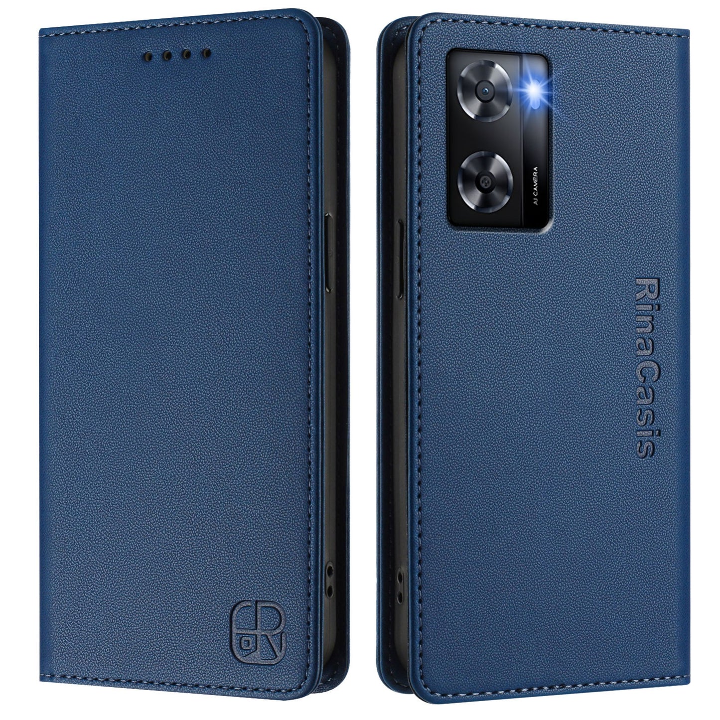 OPPO A57 4G Dual-Folded Magnetic Suction RFID Blocking PU Leather Wallet Phone Case with Card Slots, Cash Pocket, Kickstand, Full Protective Flip Cover