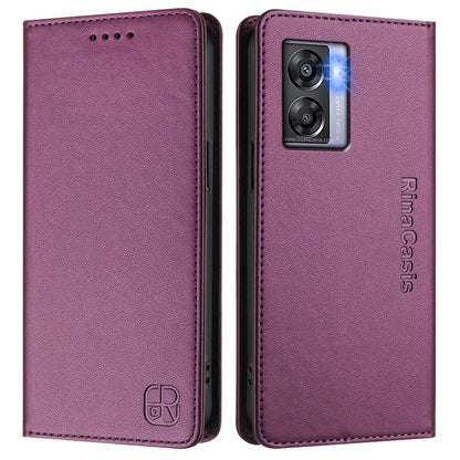 OPPO A77 5G Dual-Folded Magnetic Suction RFID Blocking PU Leather Wallet Phone Case with Card Slots, Cash Pocket, Kickstand, Full Protective Flip Cover