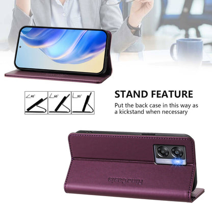 OPPO A77 5G Dual-Folded Magnetic Suction RFID Blocking PU Leather Wallet Phone Case with Card Slots, Cash Pocket, Kickstand, Full Protective Flip Cover