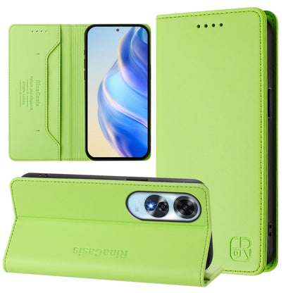 OPPO A60 4G Dual-Folded Magnetic Suction RFID Blocking PU Leather Wallet Phone Case with Card Slots, Cash Pocket, Kickstand, Full Protective Flip Cover