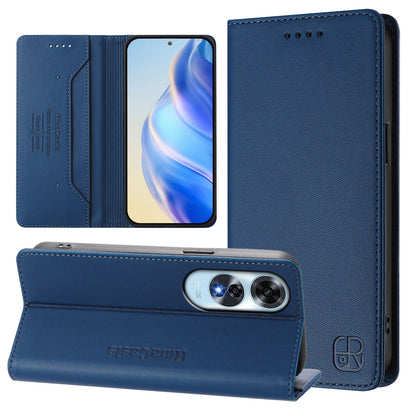 OPPO A60 4G Dual-Folded Magnetic Suction RFID Blocking PU Leather Wallet Phone Case with Card Slots, Cash Pocket, Kickstand, Full Protective Flip Cover
