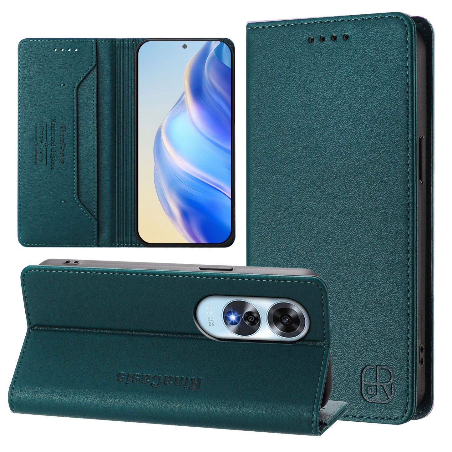 OPPO A60 4G Dual-Folded Magnetic Suction RFID Blocking PU Leather Wallet Phone Case with Card Slots, Cash Pocket, Kickstand, Full Protective Flip Cover