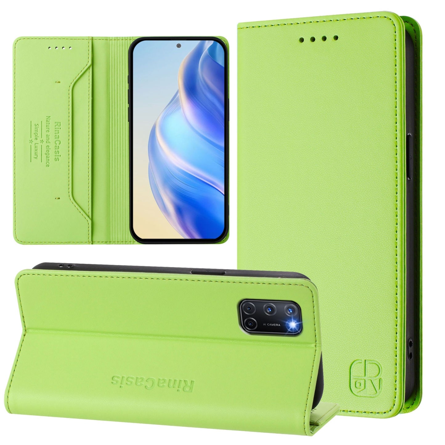 OPPO A52 Dual-Folded Magnetic Suction RFID Blocking PU Leather Wallet Phone Case with Card Slots, Cash Pocket, Kickstand, Full Protective Flip Cover