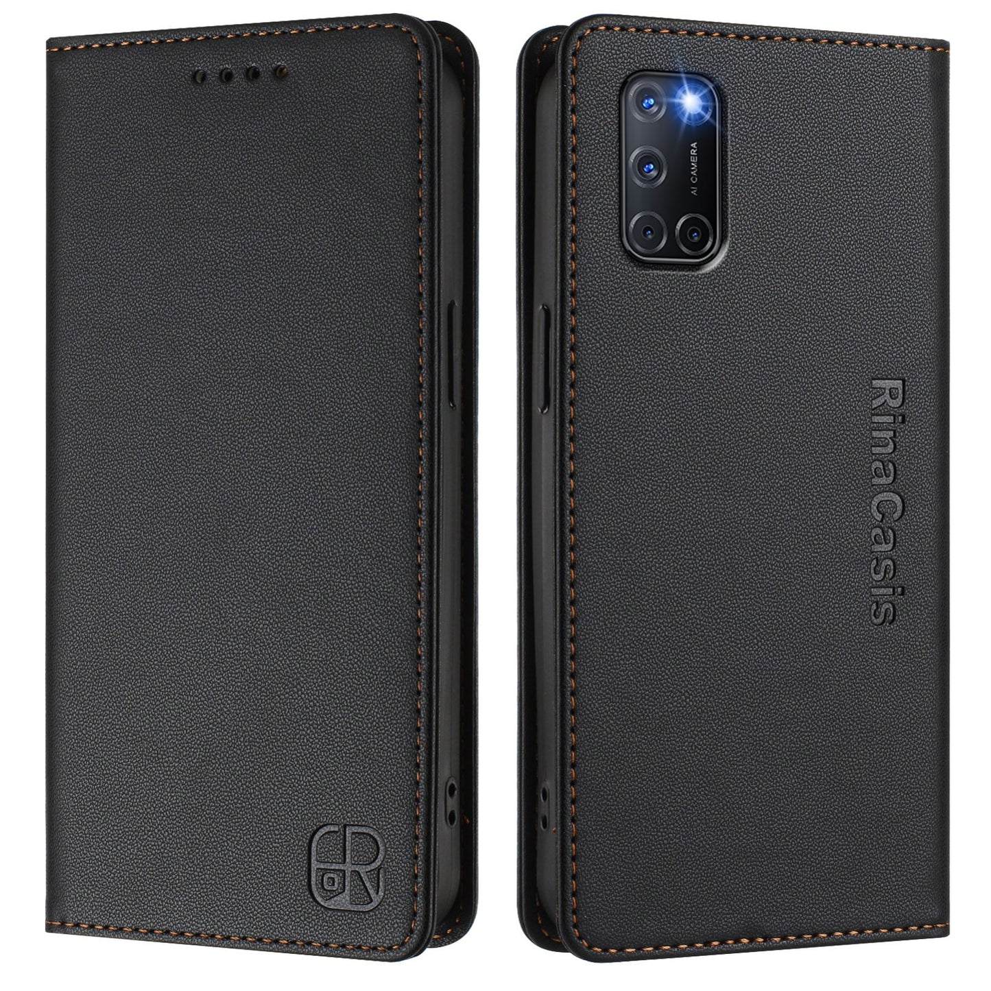 OPPO A92 4G Dual-Folded Magnetic Suction RFID Blocking PU Leather Wallet Phone Case with Card Slots, Cash Pocket, Kickstand, Full Protective Flip Cover