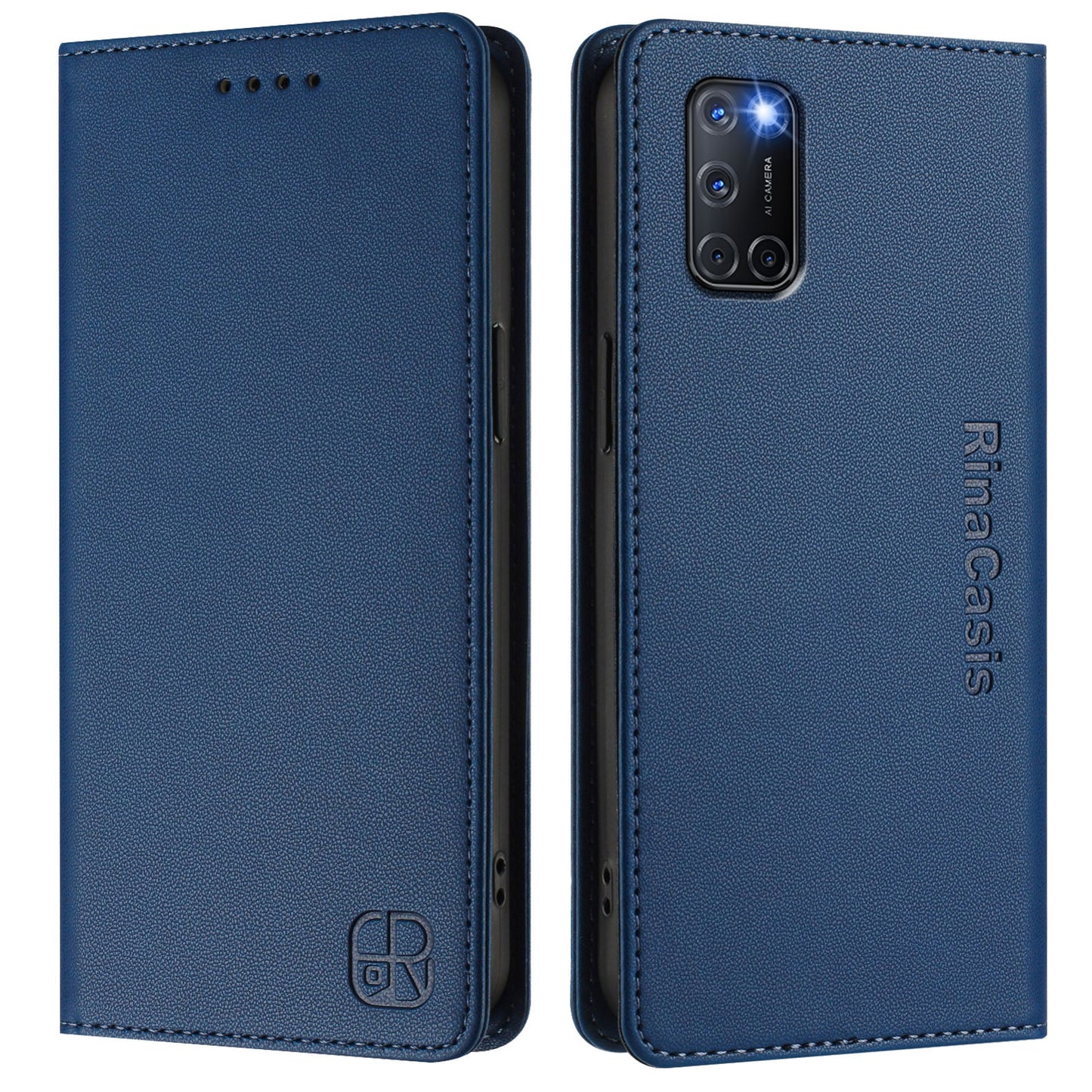 OPPO A52 Dual-Folded Magnetic Suction RFID Blocking PU Leather Wallet Phone Case with Card Slots, Cash Pocket, Kickstand, Full Protective Flip Cover