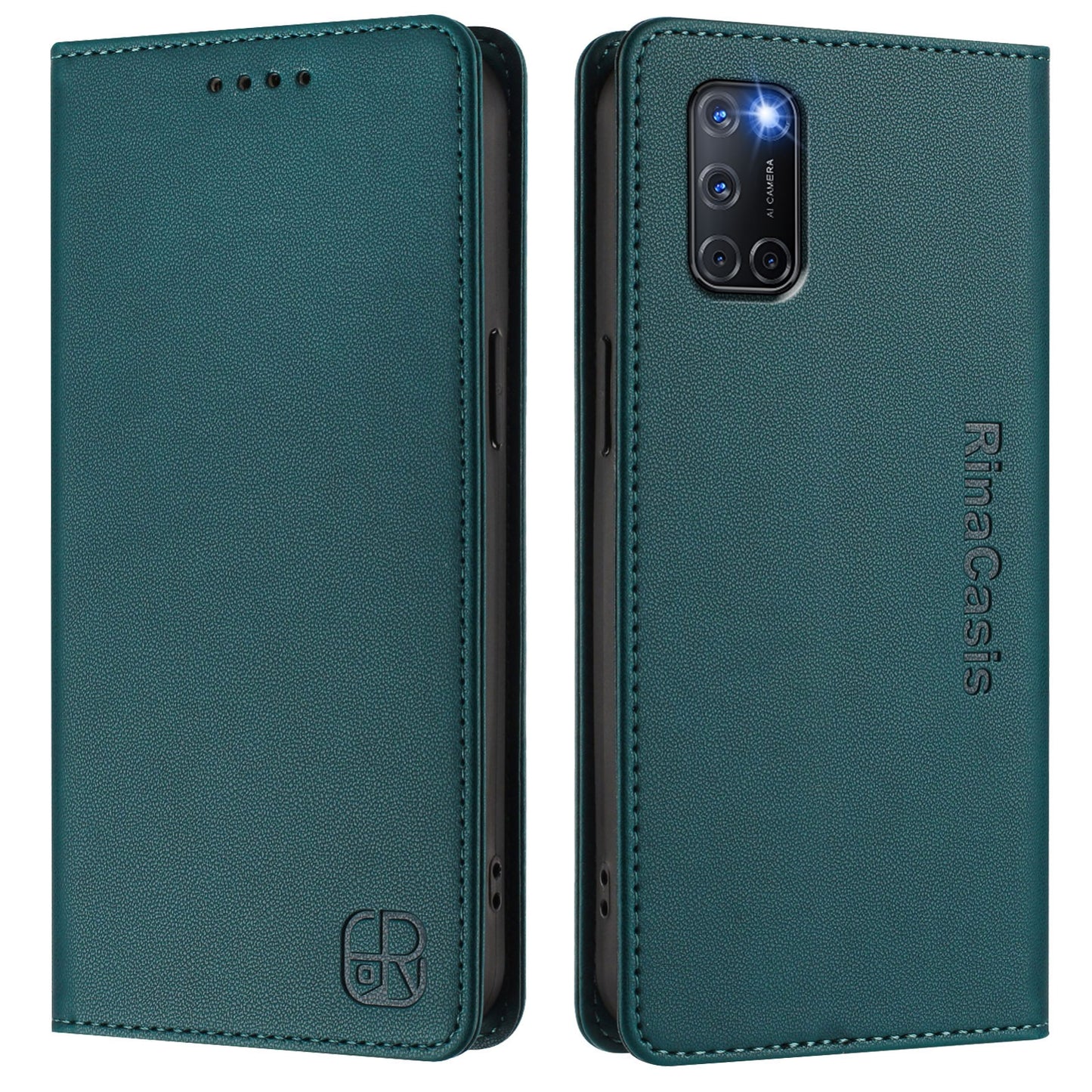 OPPO A52 Dual-Folded Magnetic Suction RFID Blocking PU Leather Wallet Phone Case with Card Slots, Cash Pocket, Kickstand, Full Protective Flip Cover