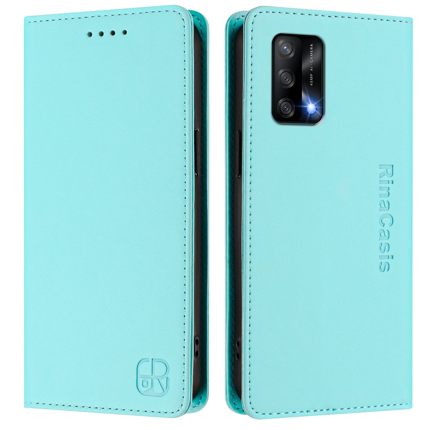 OPPO F19s Dual-Folded Magnetic Suction RFID Blocking PU Leather Wallet Phone Case with Card Slots, Cash Pocket, Kickstand, Full Protective Flip Cover