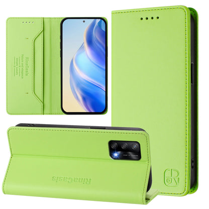 OPPO A74 4G Dual-Folded Magnetic Suction RFID Blocking PU Leather Wallet Phone Case with Card Slots, Cash Pocket, Kickstand, Full Protective Flip Cover