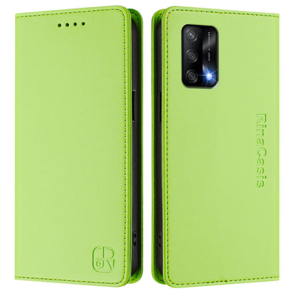 OPPO A74 4G Dual-Folded Magnetic Suction RFID Blocking PU Leather Wallet Phone Case with Card Slots, Cash Pocket, Kickstand, Full Protective Flip Cover