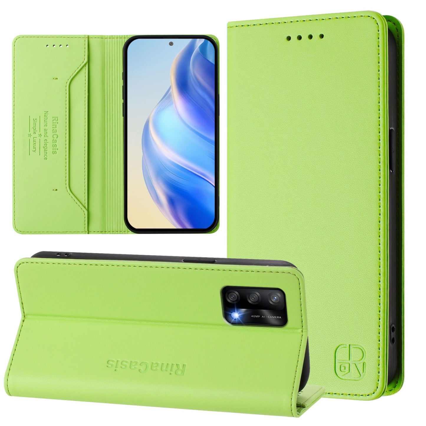 OPPO F19 Dual-Folded Magnetic Suction RFID Blocking PU Leather Wallet Phone Case with Card Slots, Cash Pocket, Kickstand, Full Protective Flip Cover