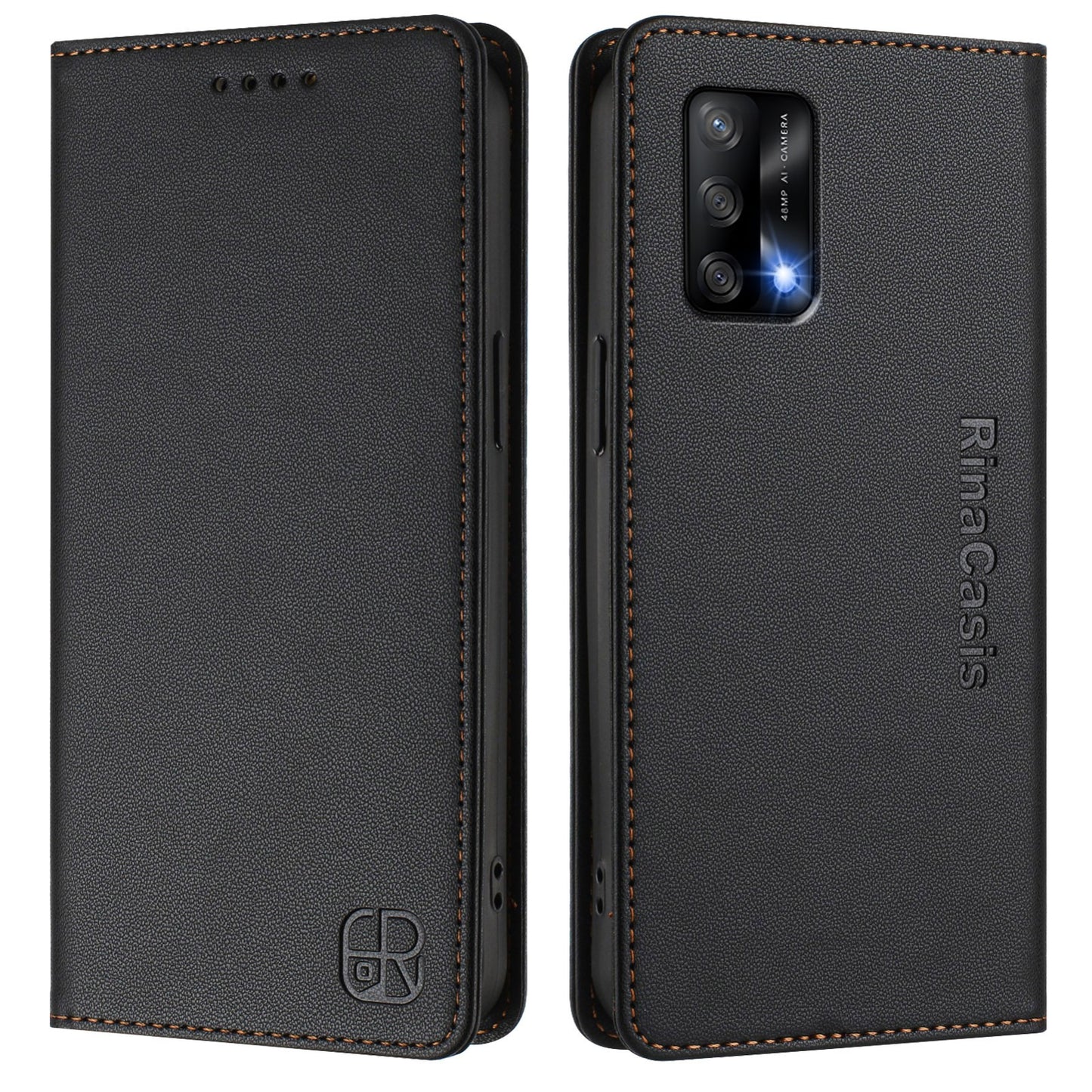 OPPO F19s Dual-Folded Magnetic Suction RFID Blocking PU Leather Wallet Phone Case with Card Slots, Cash Pocket, Kickstand, Full Protective Flip Cover