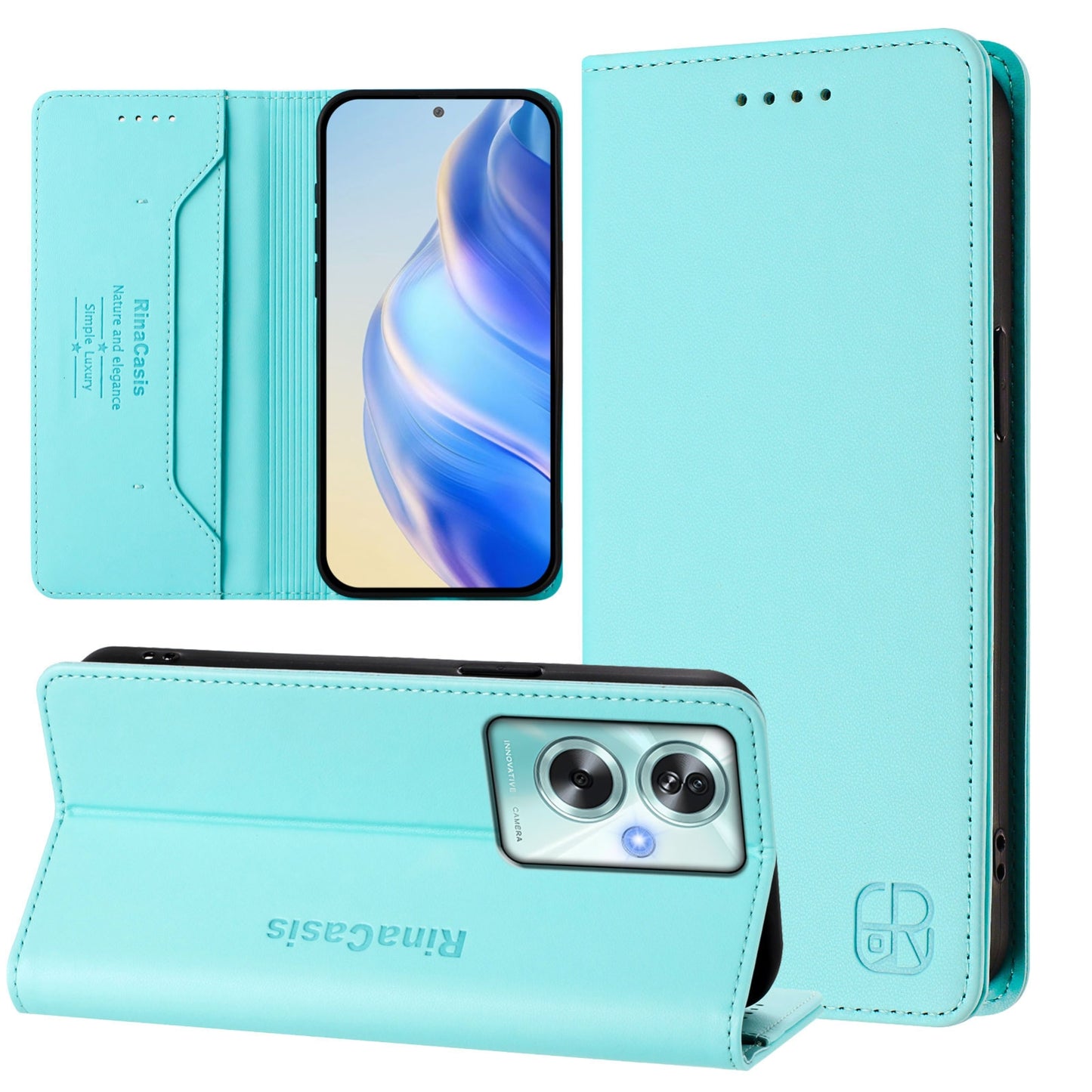 OPPO A79 5G Dual-Folded Magnetic Suction RFID Blocking PU Leather Wallet Phone Case with Card Slots, Cash Pocket, Kickstand, Full Protective Flip Cover