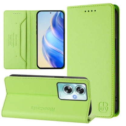 OPPO A79 5G Dual-Folded Magnetic Suction RFID Blocking PU Leather Wallet Phone Case with Card Slots, Cash Pocket, Kickstand, Full Protective Flip Cover