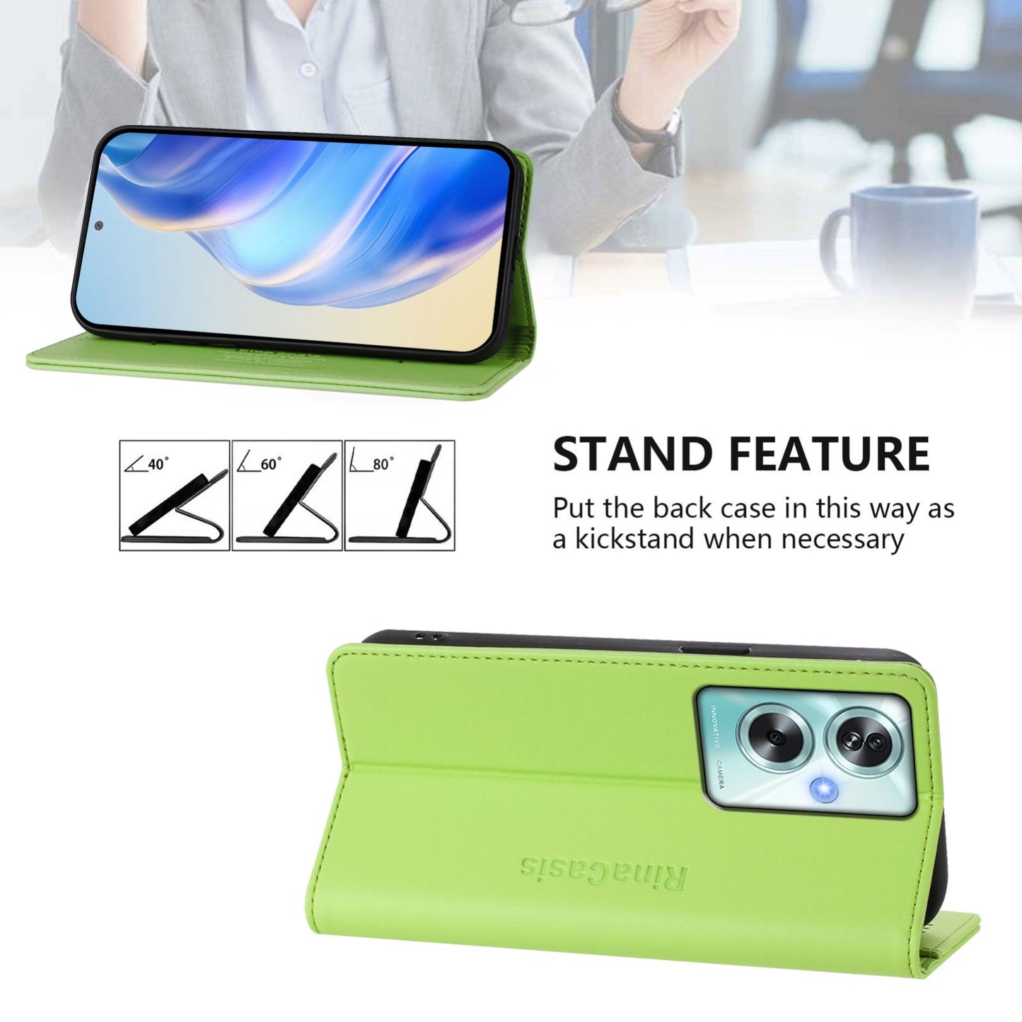 OPPO A79 5G Dual-Folded Magnetic Suction RFID Blocking PU Leather Wallet Phone Case with Card Slots, Cash Pocket, Kickstand, Full Protective Flip Cover