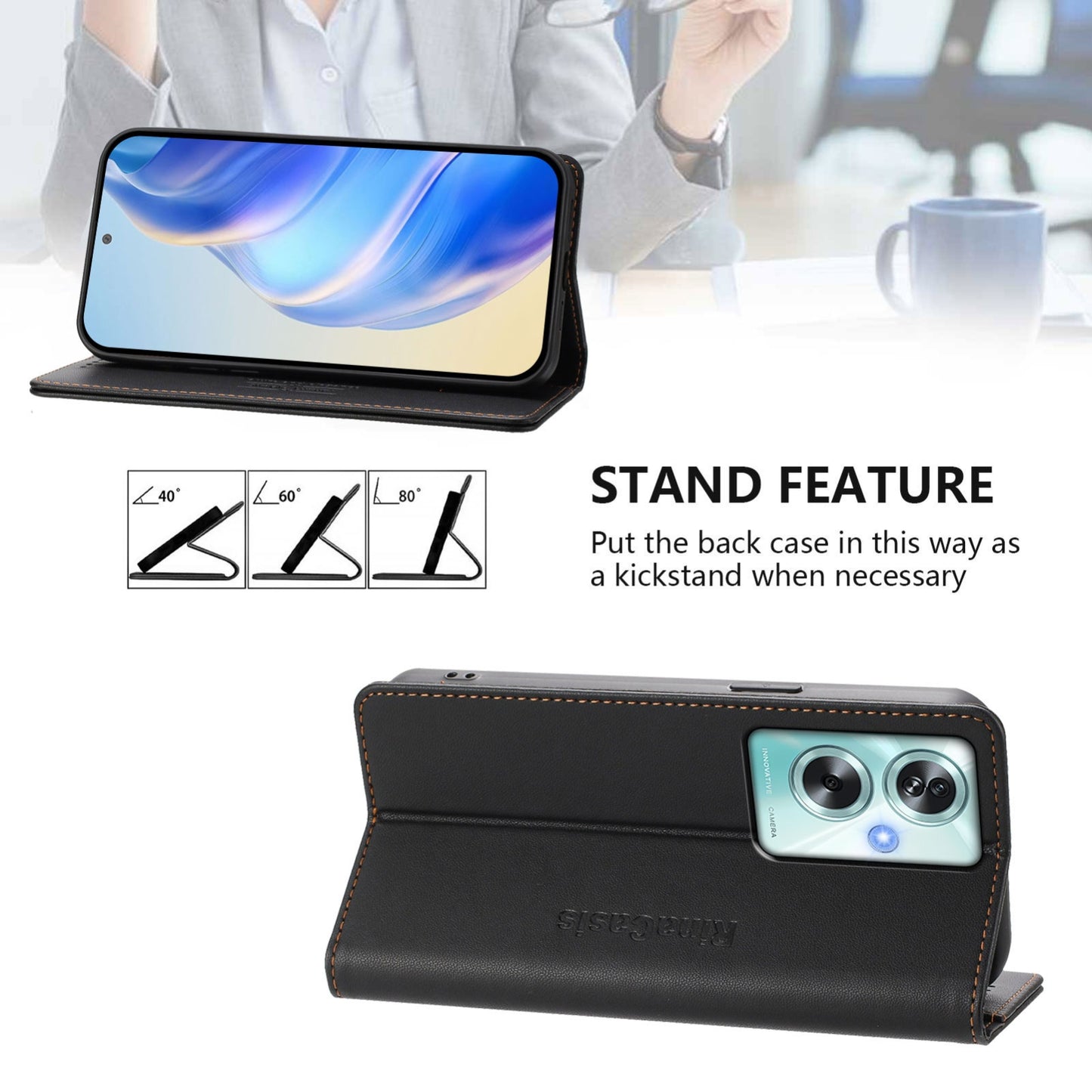 OPPO A79 5G Dual-Folded Magnetic Suction RFID Blocking PU Leather Wallet Phone Case with Card Slots, Cash Pocket, Kickstand, Full Protective Flip Cover