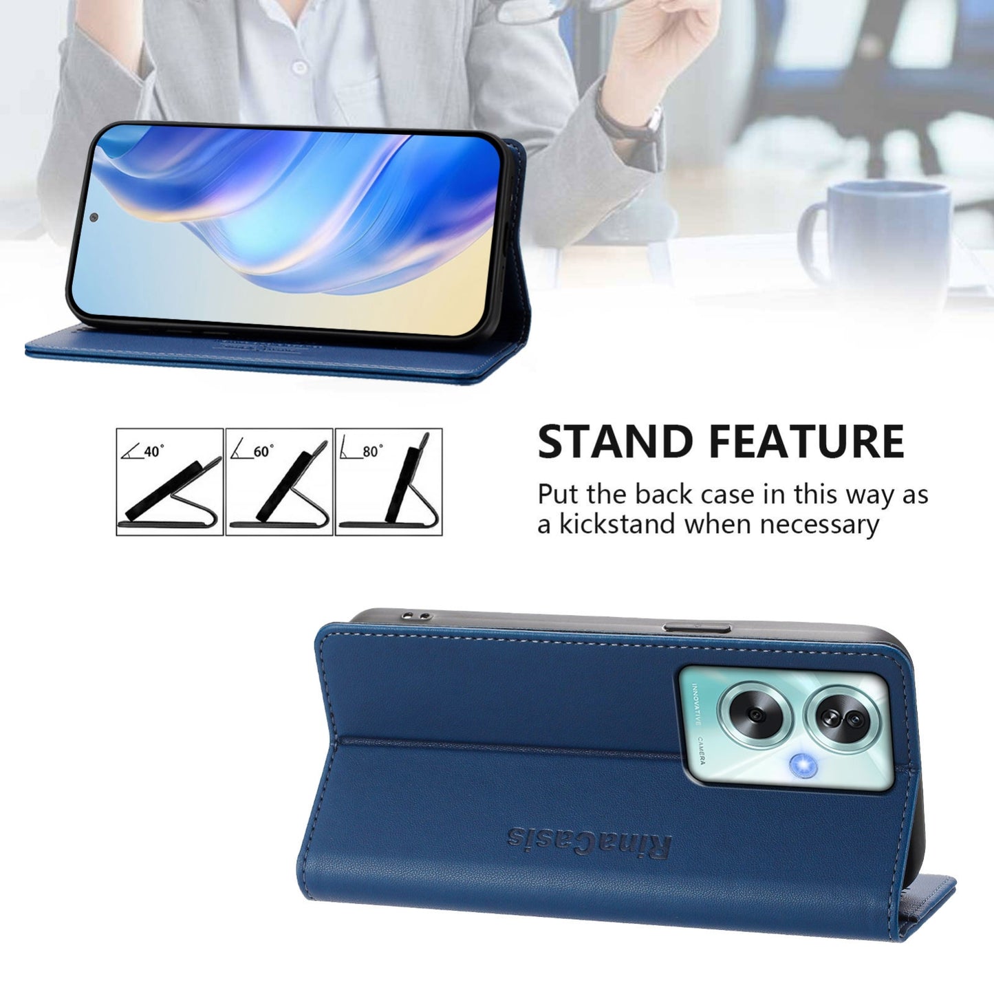 OPPO A79 5G Dual-Folded Magnetic Suction RFID Blocking PU Leather Wallet Phone Case with Card Slots, Cash Pocket, Kickstand, Full Protective Flip Cover