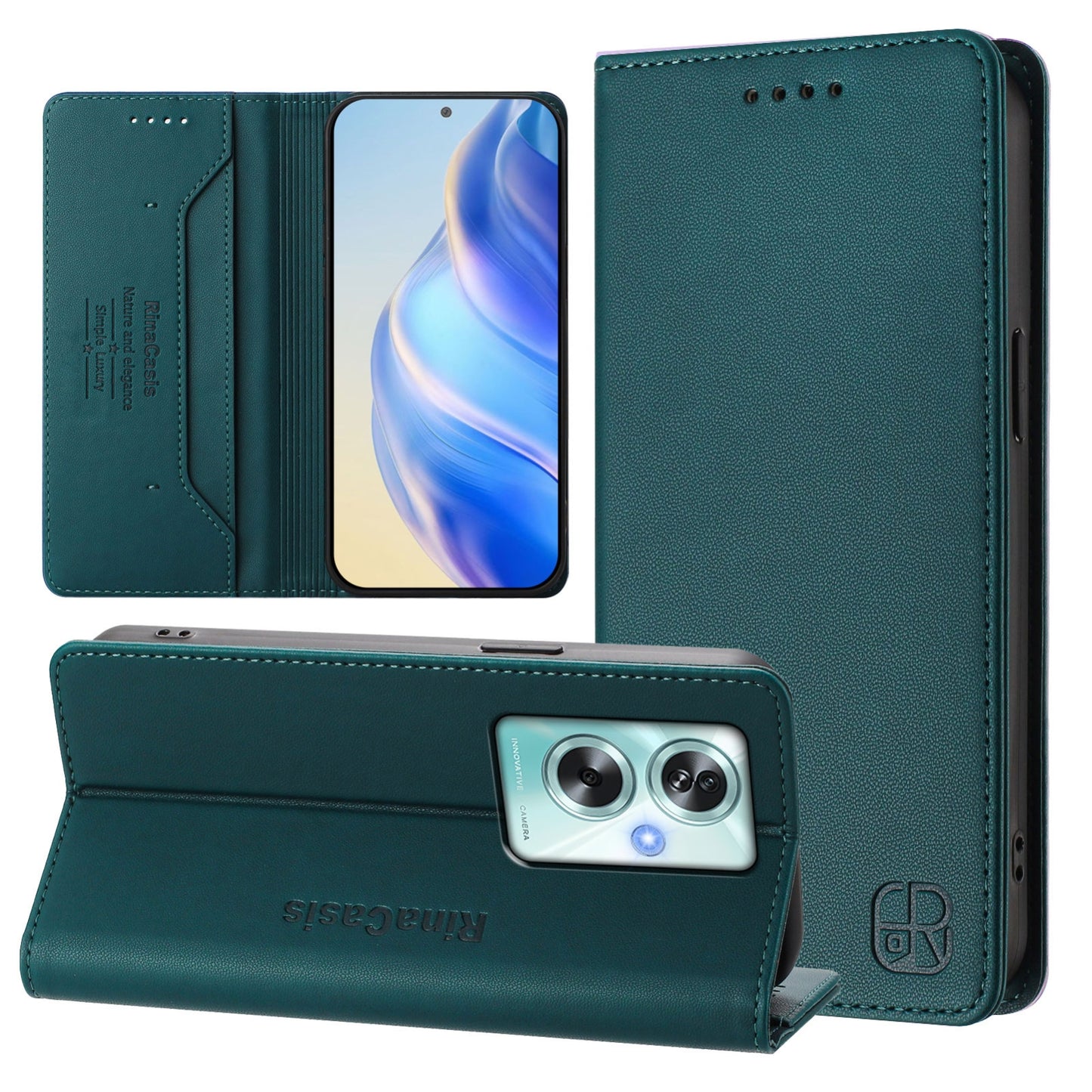 OPPO A79 5G Dual-Folded Magnetic Suction RFID Blocking PU Leather Wallet Phone Case with Card Slots, Cash Pocket, Kickstand, Full Protective Flip Cover
