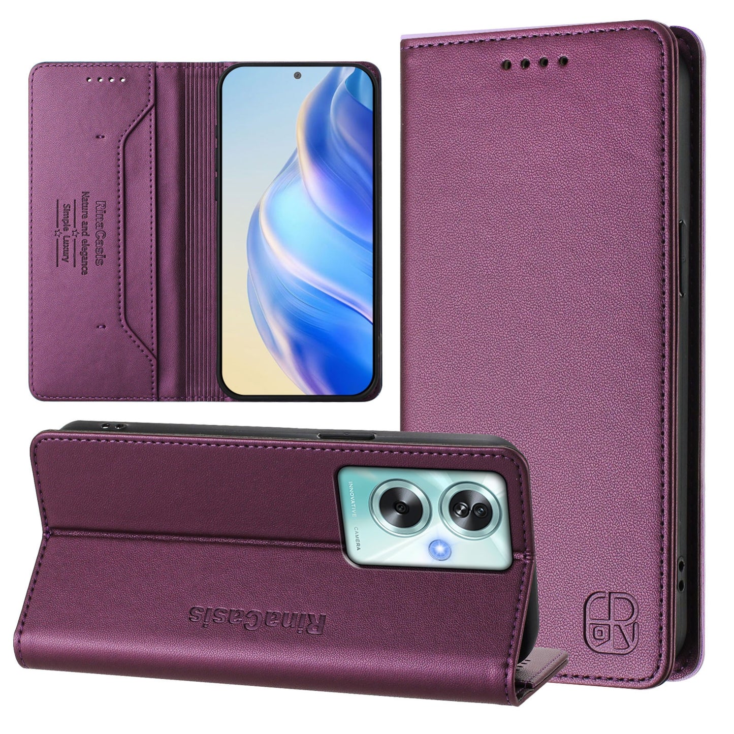 OPPO A79 5G Dual-Folded Magnetic Suction RFID Blocking PU Leather Wallet Phone Case with Card Slots, Cash Pocket, Kickstand, Full Protective Flip Cover