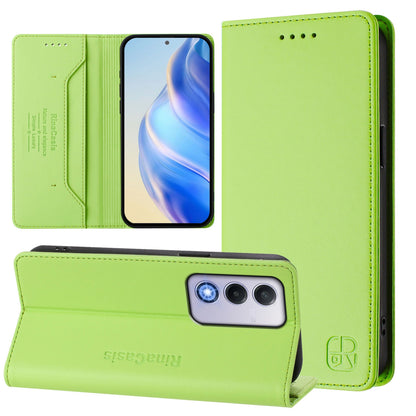 OPPO A80 5G EU Dual-Folded Magnetic Suction RFID Blocking PU Leather Wallet Phone Case with Card Slots, Cash Pocket, Kickstand, Full Protective Flip Cover