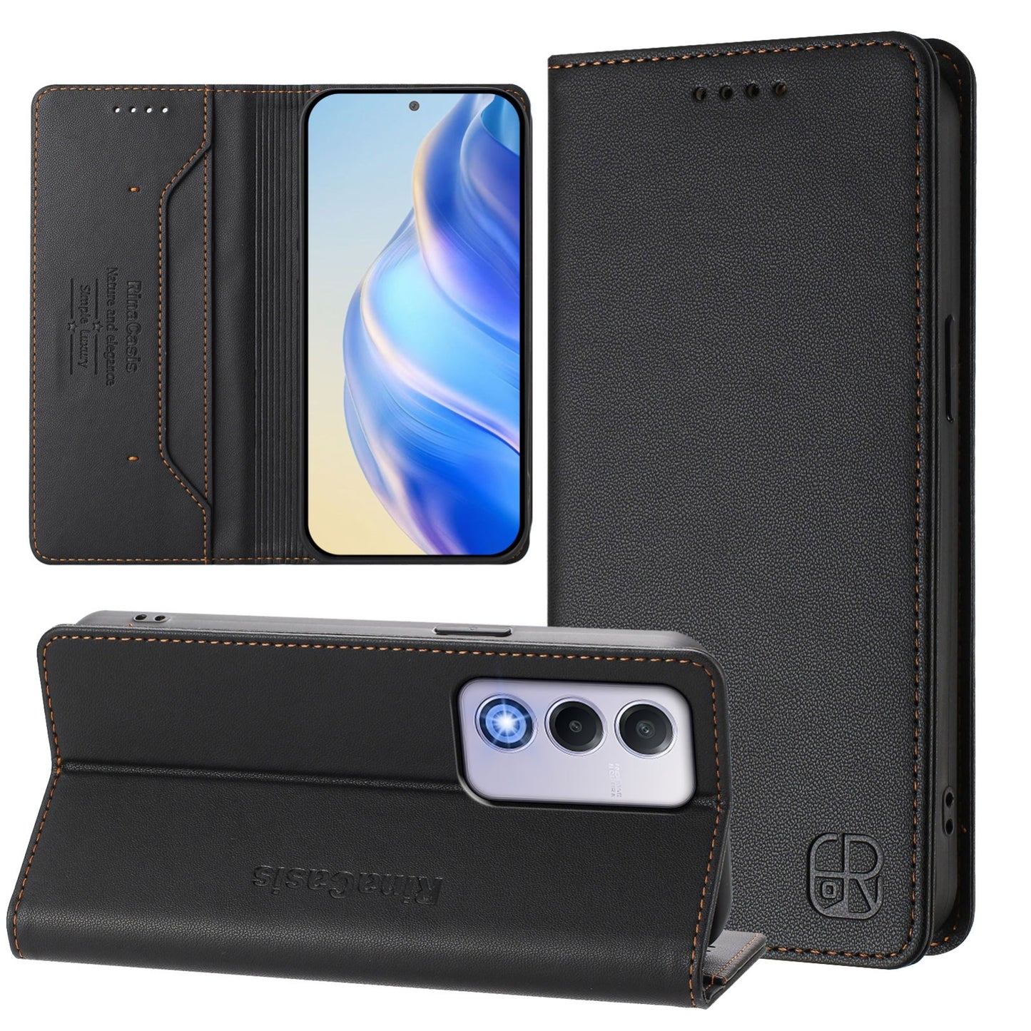 OPPO A80 5G EU Dual-Folded Magnetic Suction RFID Blocking PU Leather Wallet Phone Case with Card Slots, Cash Pocket, Kickstand, Full Protective Flip Cover