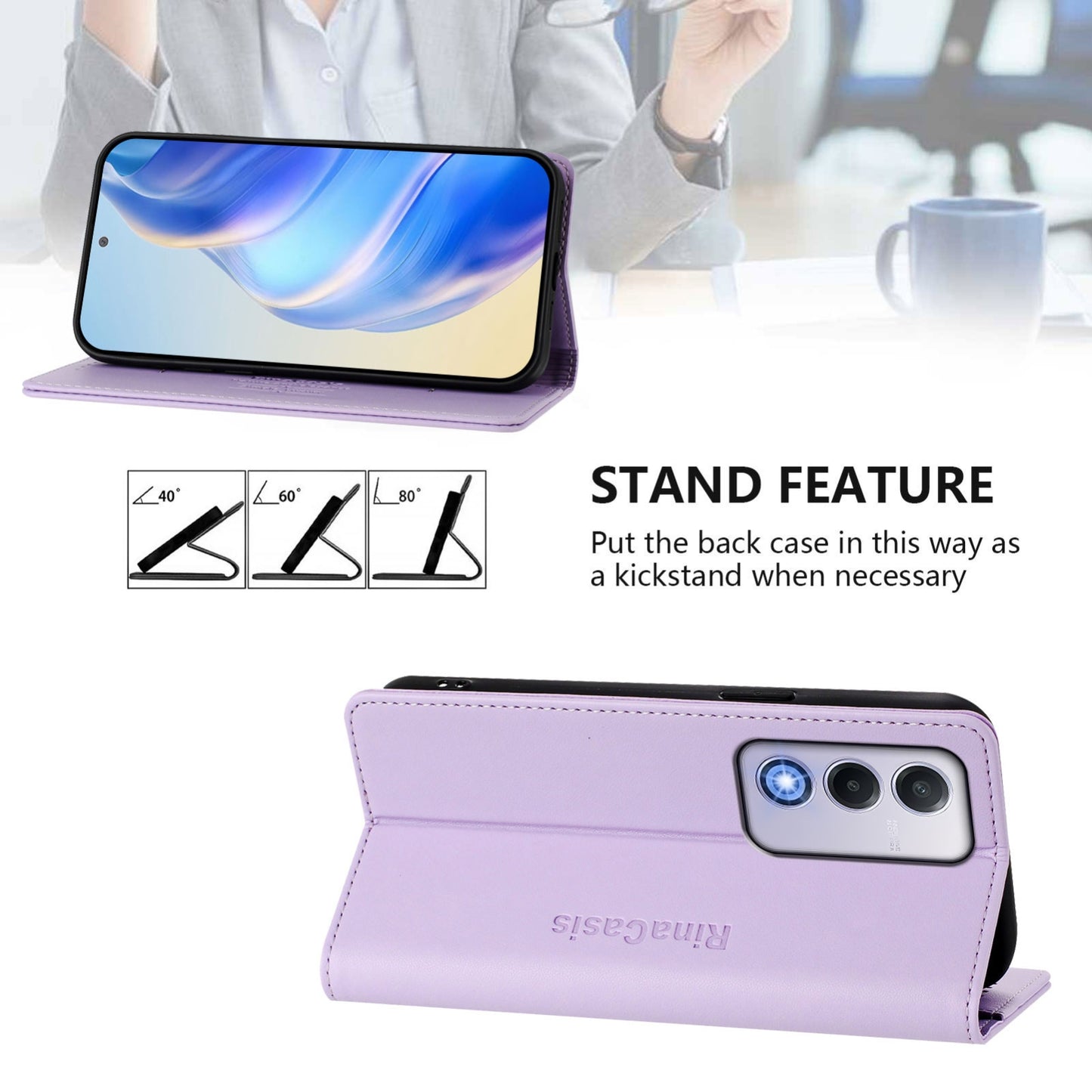OPPO A80 5G EU Dual-Folded Magnetic Suction RFID Blocking PU Leather Wallet Phone Case with Card Slots, Cash Pocket, Kickstand, Full Protective Flip Cover