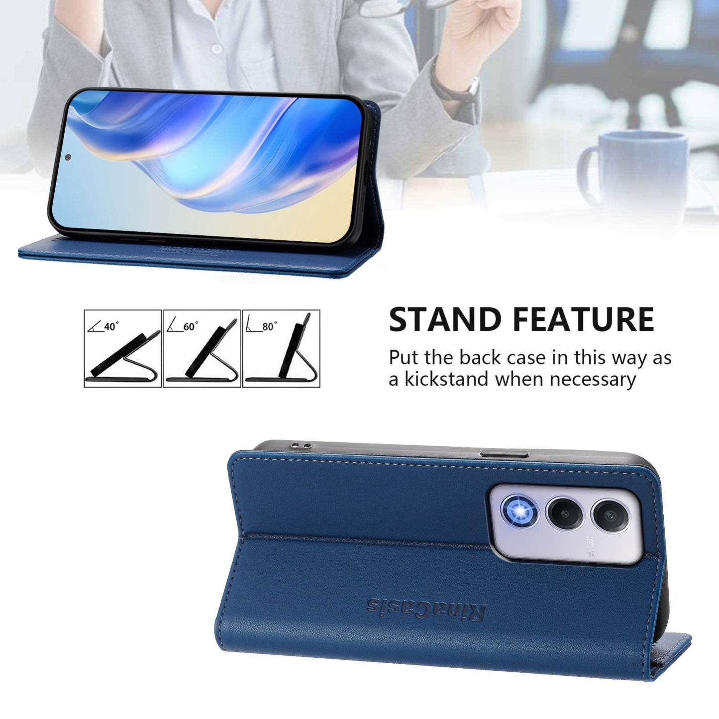 OPPO A80 5G EU Dual-Folded Magnetic Suction RFID Blocking PU Leather Wallet Phone Case with Card Slots, Cash Pocket, Kickstand, Full Protective Flip Cover
