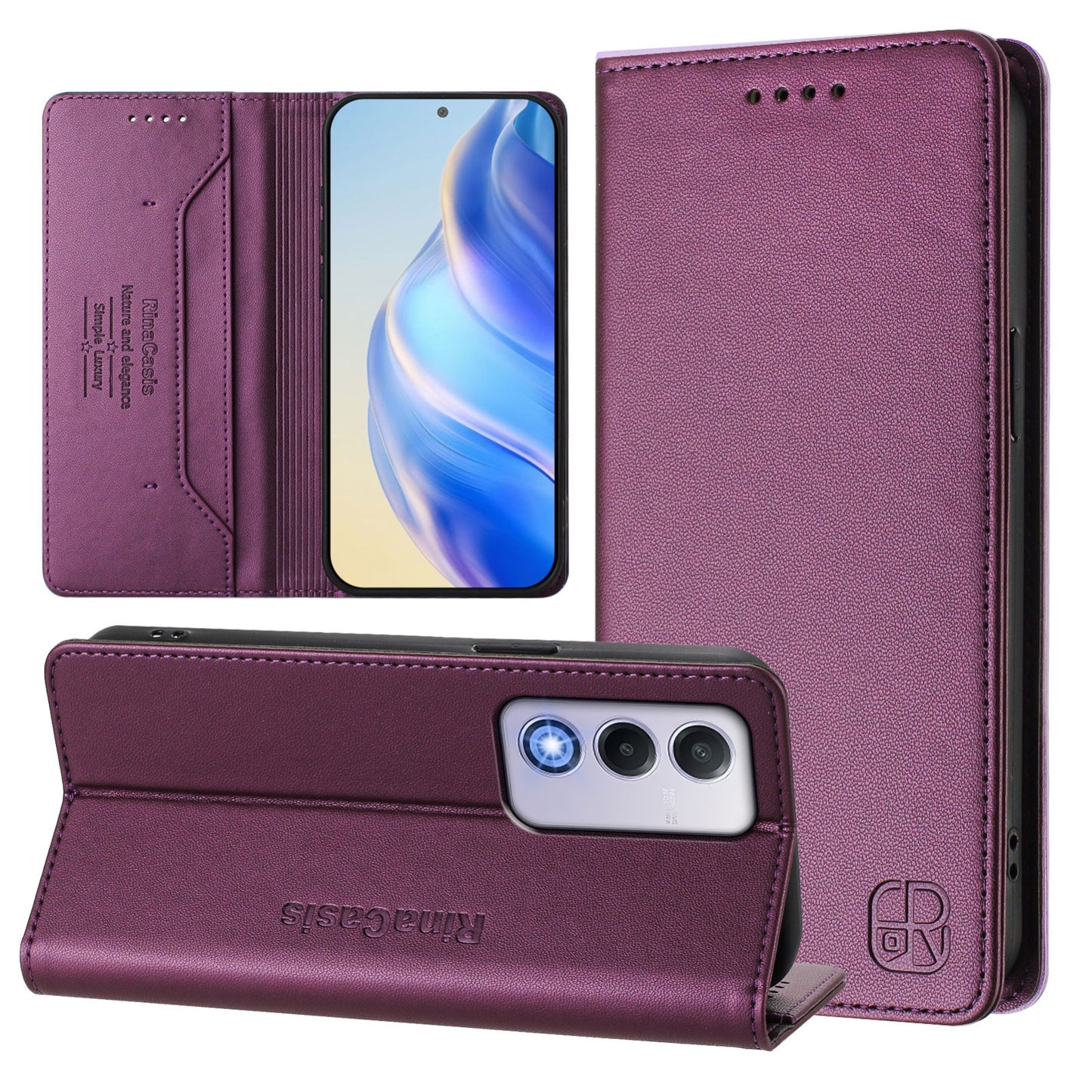 OPPO A80 5G EU Dual-Folded Magnetic Suction RFID Blocking PU Leather Wallet Phone Case with Card Slots, Cash Pocket, Kickstand, Full Protective Flip Cover