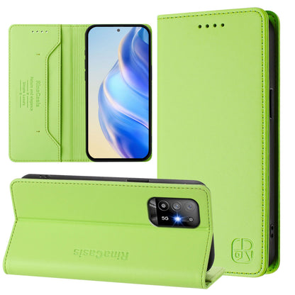 OPPO A94 5G Dual-Folded Magnetic Suction RFID Blocking PU Leather Wallet Phone Case with Card Slots, Cash Pocket, Kickstand, Full Protective Flip Cover