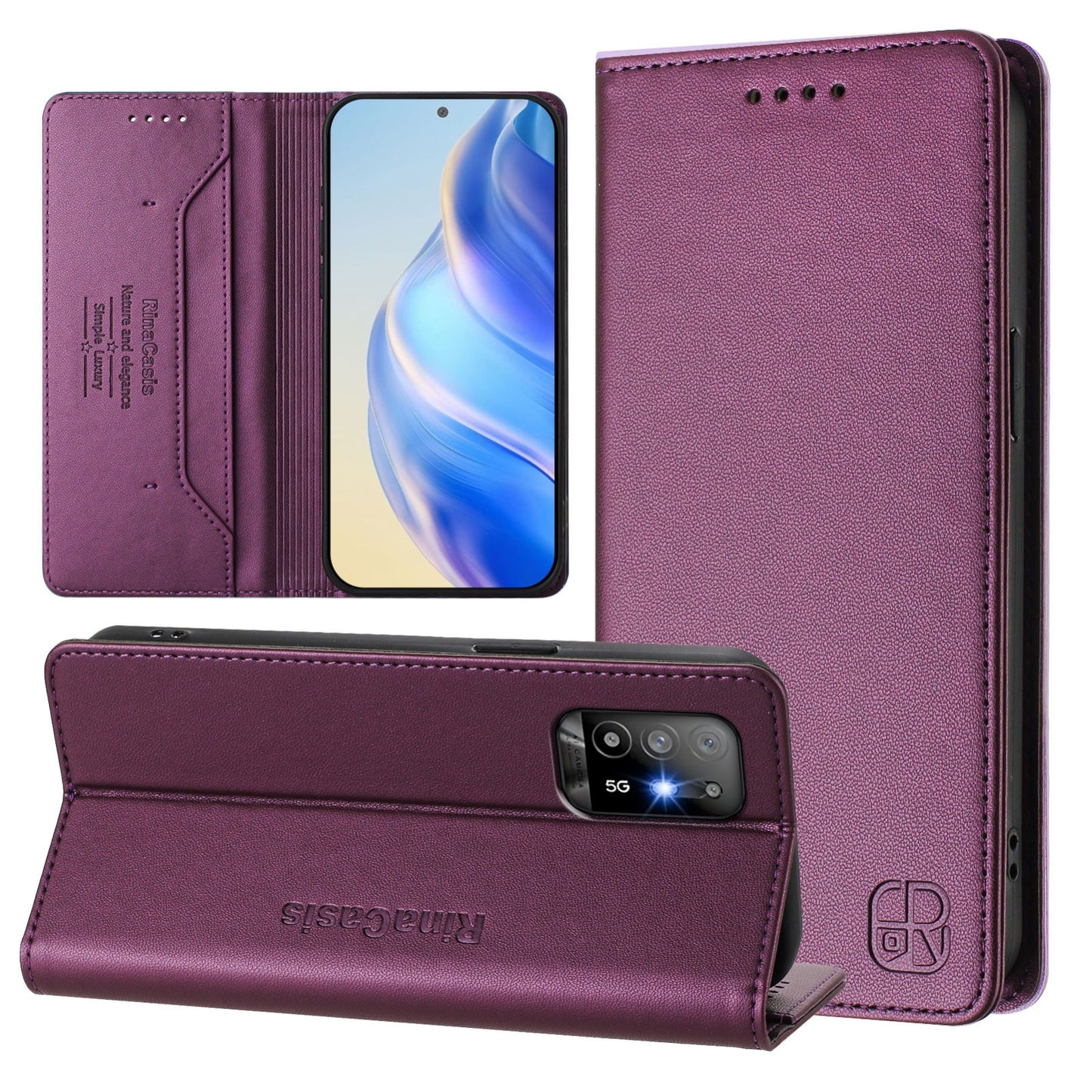 OPPO A94 5G Dual-Folded Magnetic Suction RFID Blocking PU Leather Wallet Phone Case with Card Slots, Cash Pocket, Kickstand, Full Protective Flip Cover