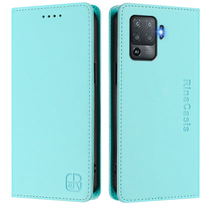 OPPO F19 Pro Dual-Folded Magnetic Suction RFID Blocking PU Leather Wallet Phone Case with Card Slots, Cash Pocket, Kickstand, Full Protective Flip Cover