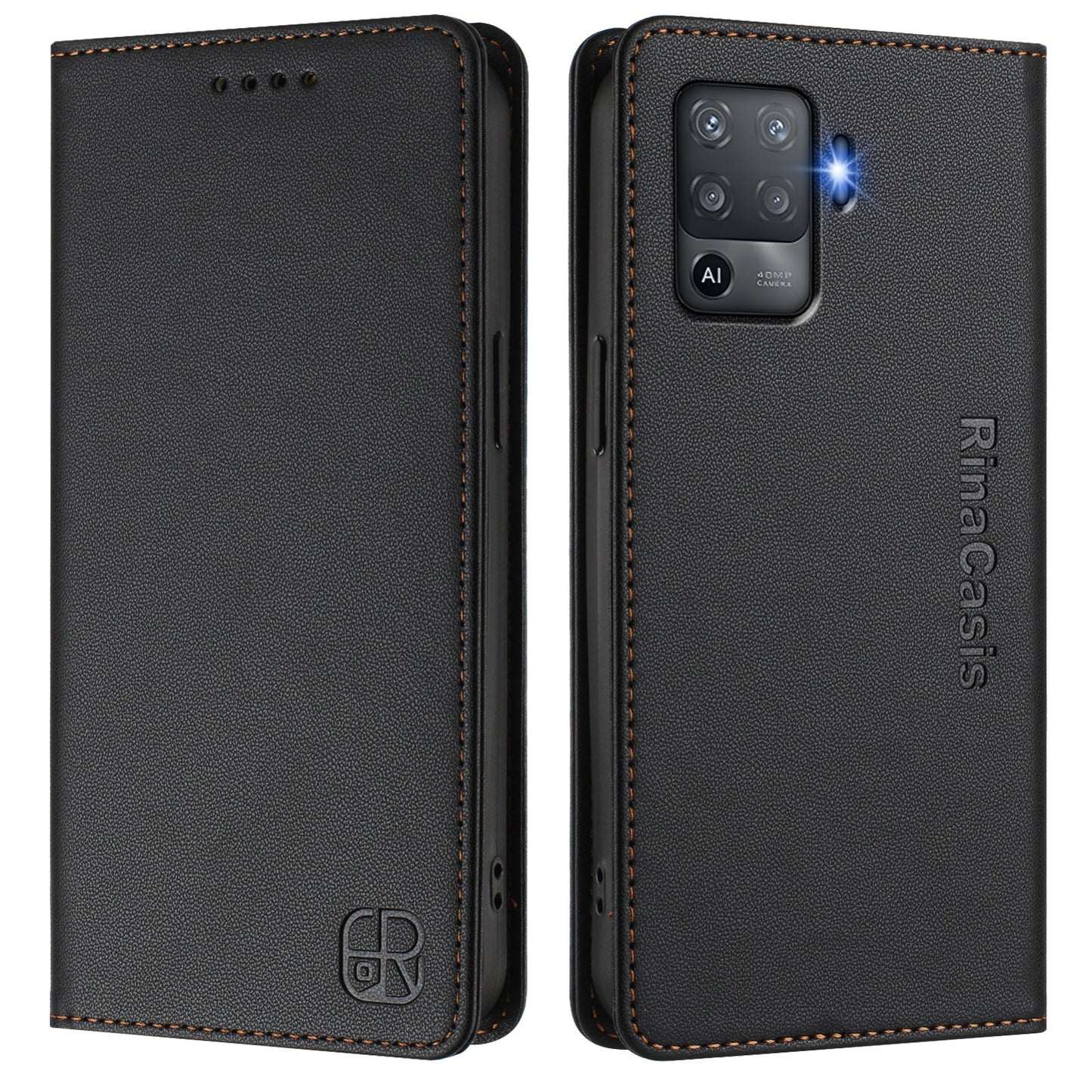 OPPO F19 Pro Dual-Folded Magnetic Suction RFID Blocking PU Leather Wallet Phone Case with Card Slots, Cash Pocket, Kickstand, Full Protective Flip Cover