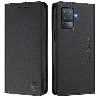 OPPO F19 Pro Dual-Folded Magnetic Suction RFID Blocking PU Leather Wallet Phone Case with Card Slots, Cash Pocket, Kickstand, Full Protective Flip Cover