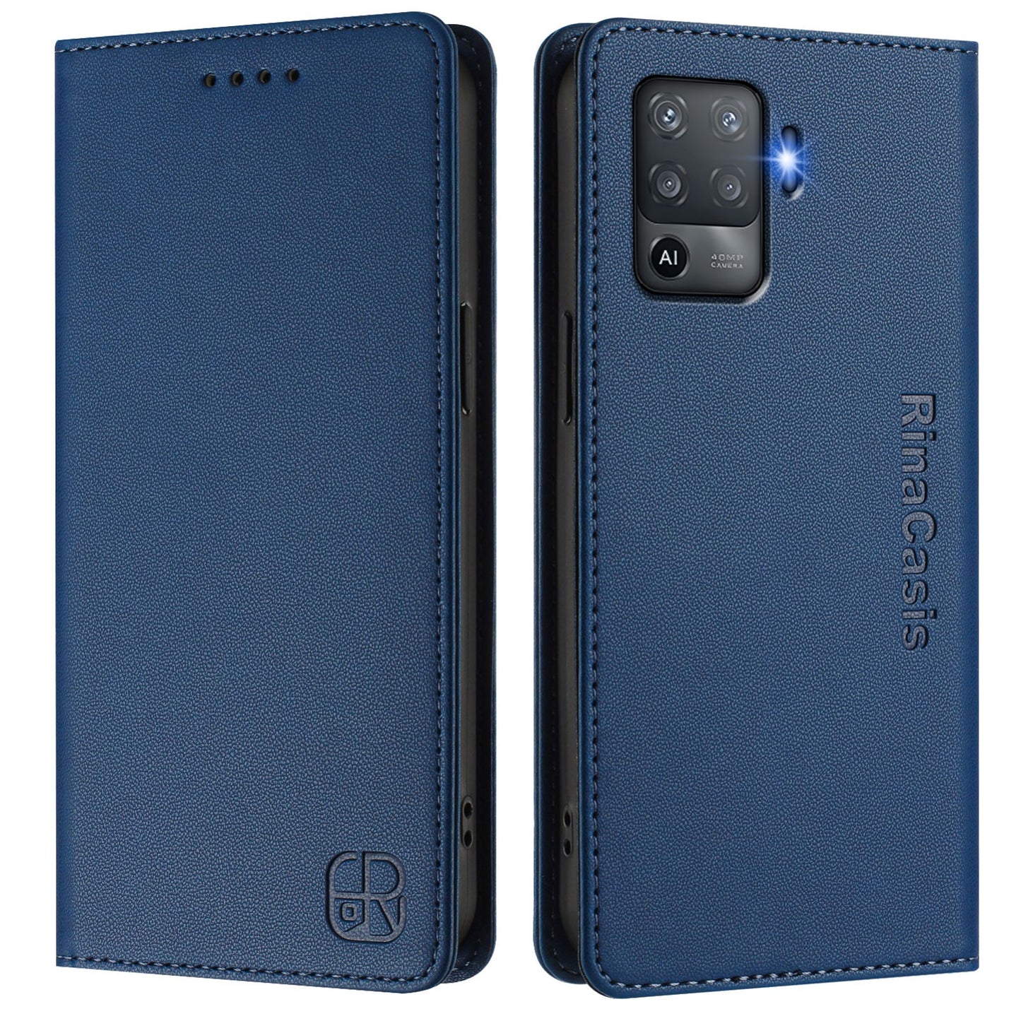 OPPO F19 Pro Dual-Folded Magnetic Suction RFID Blocking PU Leather Wallet Phone Case with Card Slots, Cash Pocket, Kickstand, Full Protective Flip Cover