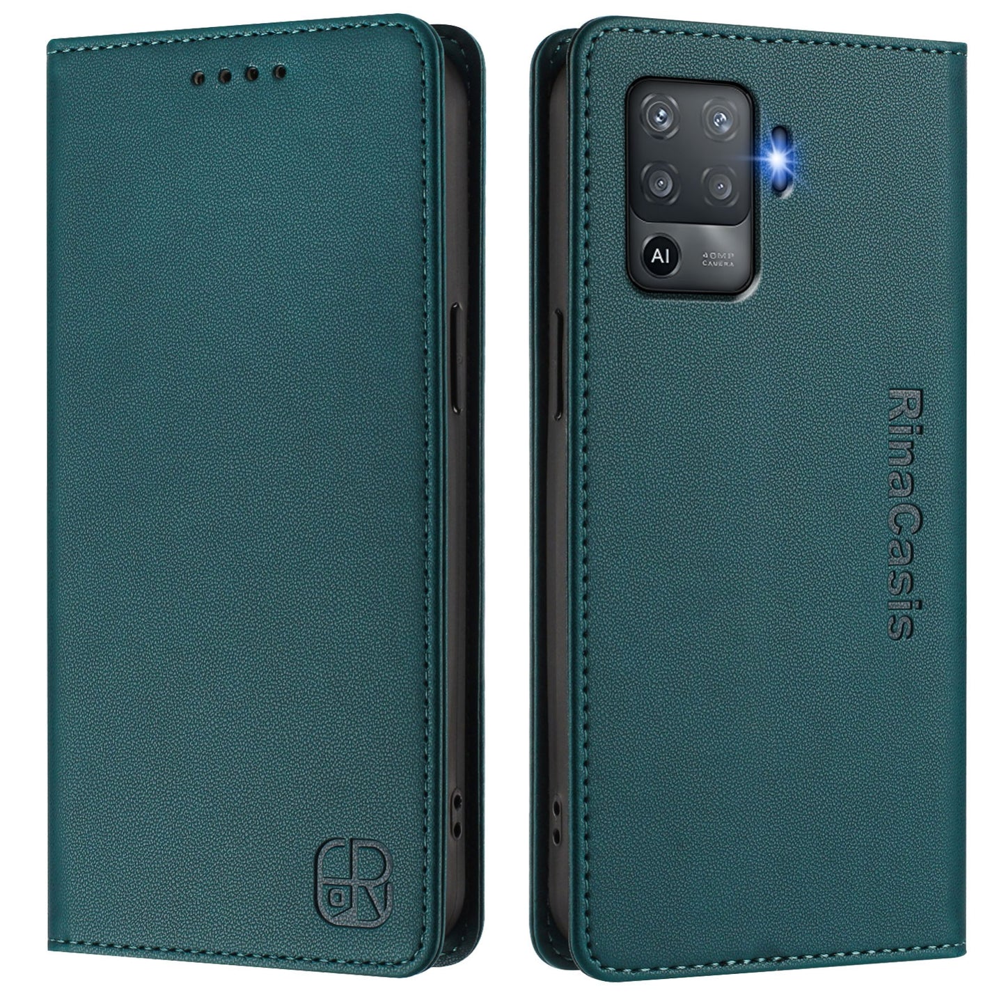 OPPO F19 Pro Dual-Folded Magnetic Suction RFID Blocking PU Leather Wallet Phone Case with Card Slots, Cash Pocket, Kickstand, Full Protective Flip Cover