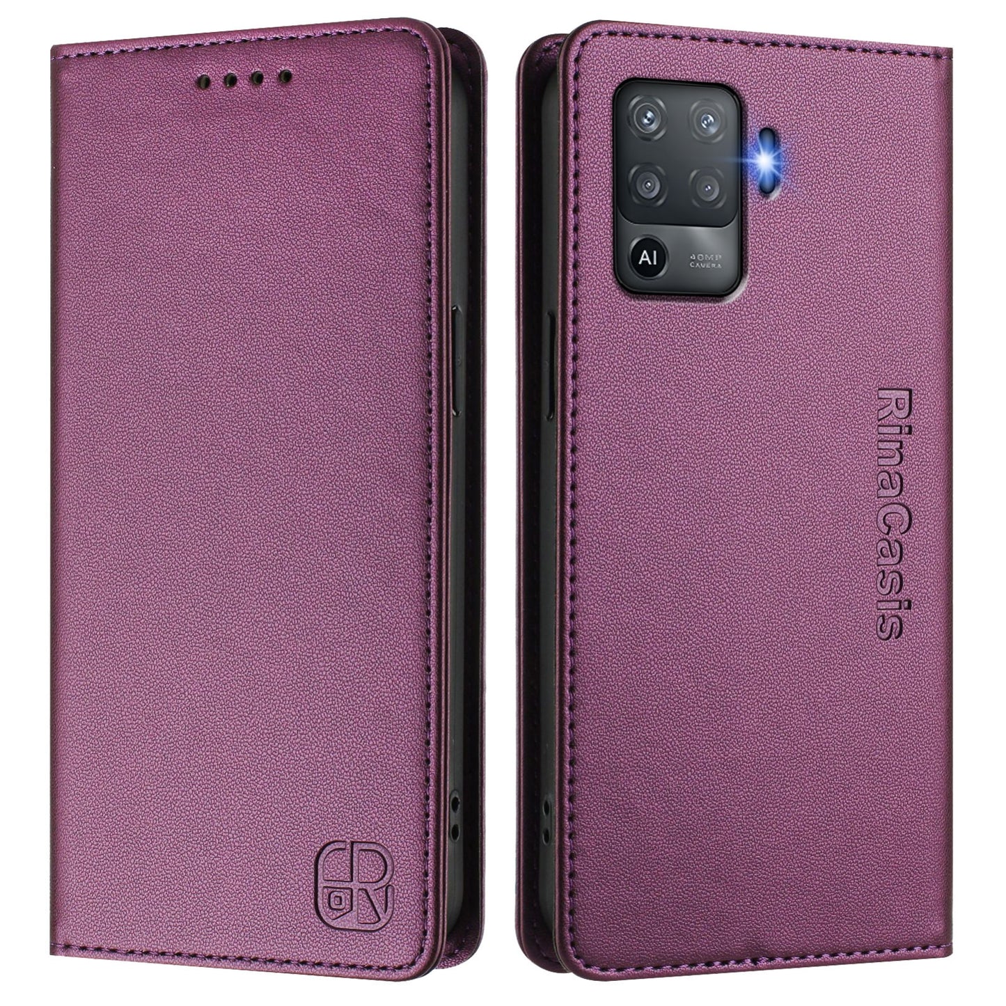 OPPO F19 Pro Dual-Folded Magnetic Suction RFID Blocking PU Leather Wallet Phone Case with Card Slots, Cash Pocket, Kickstand, Full Protective Flip Cover