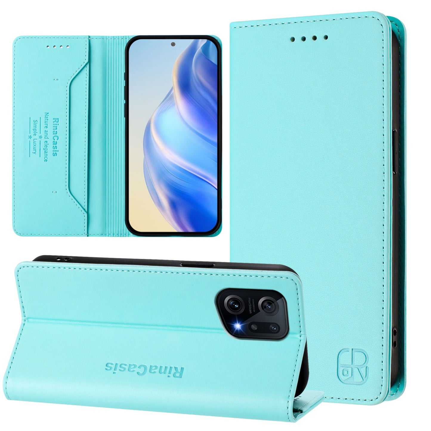 OPPO Find X5 Dual-Folded Magnetic Suction RFID Blocking PU Leather Wallet Phone Case with Card Slots, Cash Pocket, Kickstand, Full Protective Flip Cover